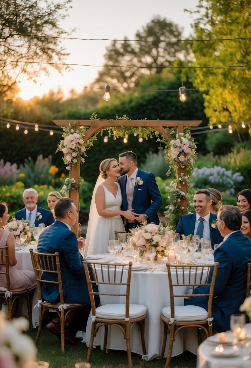 An outdoor small wedding reception with about 50 guests seated at decorated tables, a bride and groom near a floral arch, surrounded by greenery and soft sunlight.