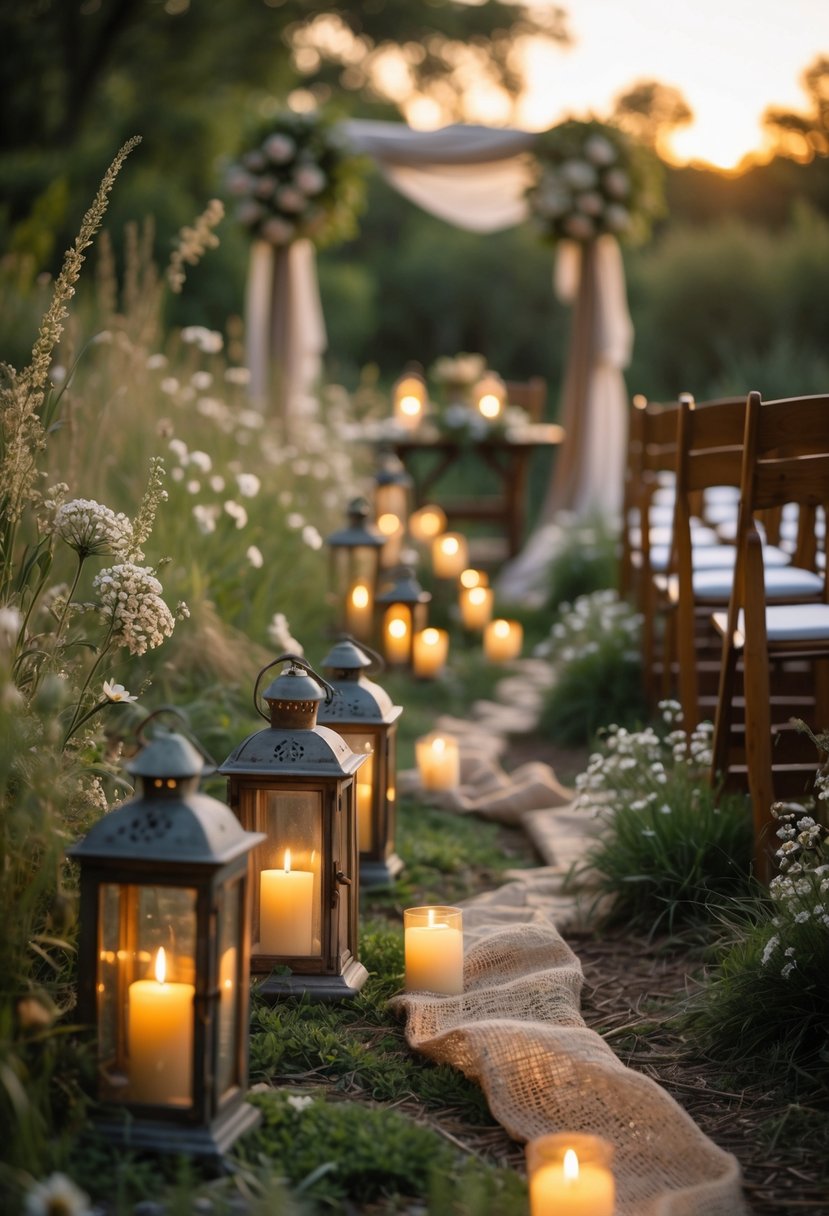 Outdoor wedding walkway lined with lanterns containing candles, surrounded by greenery and wooden chairs set up for guests.