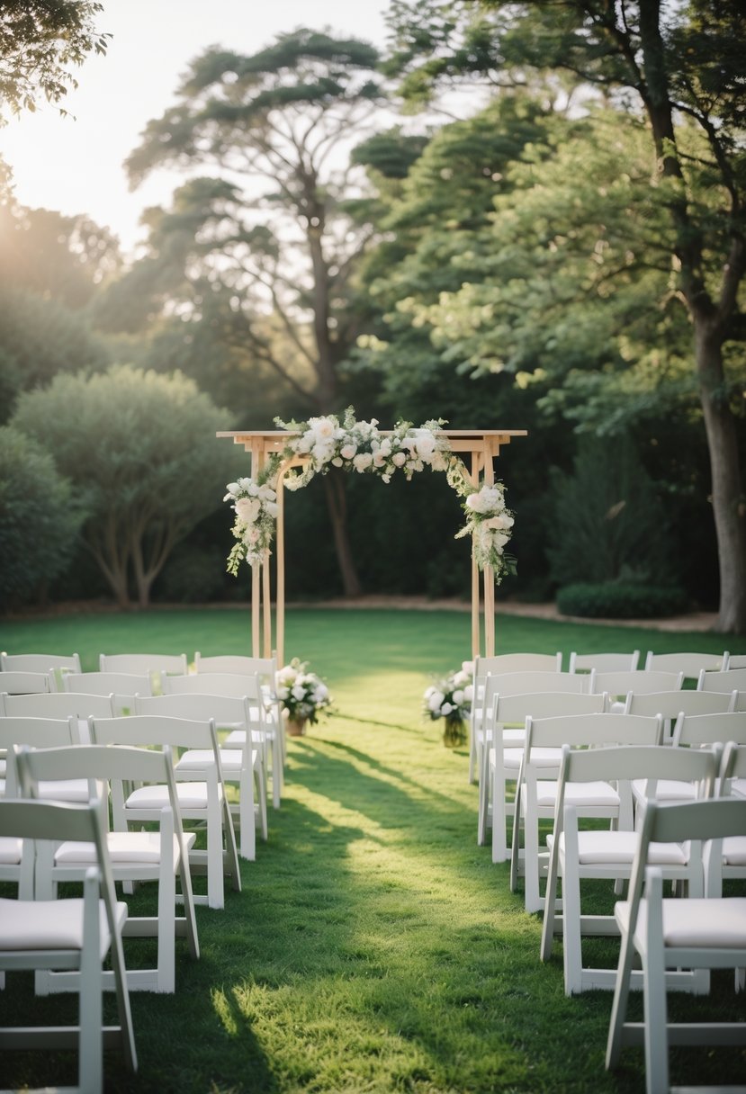 An outdoor wedding setup with white chairs and a wooden floral arch on a green lawn surrounded by trees.