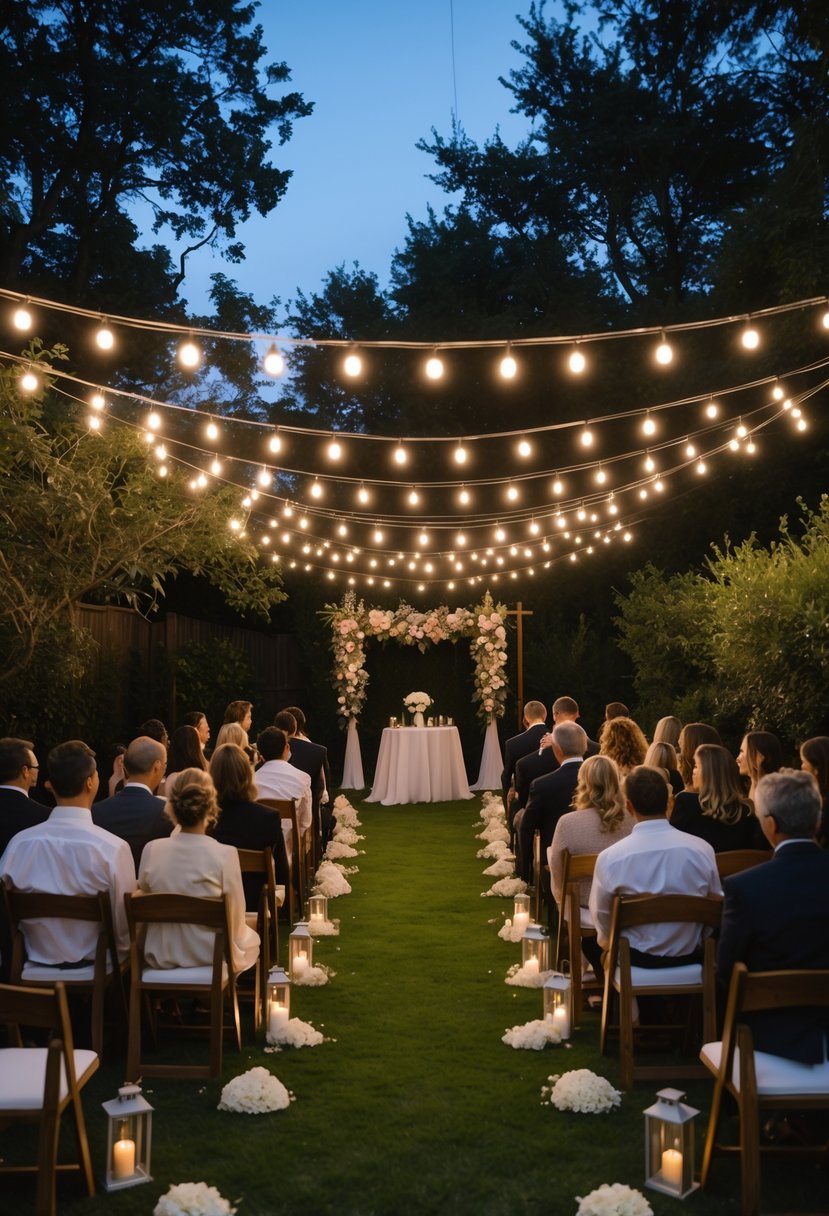 An intimate backyard wedding ceremony with 50 guests seated on wooden chairs under string lights in a garden setting.