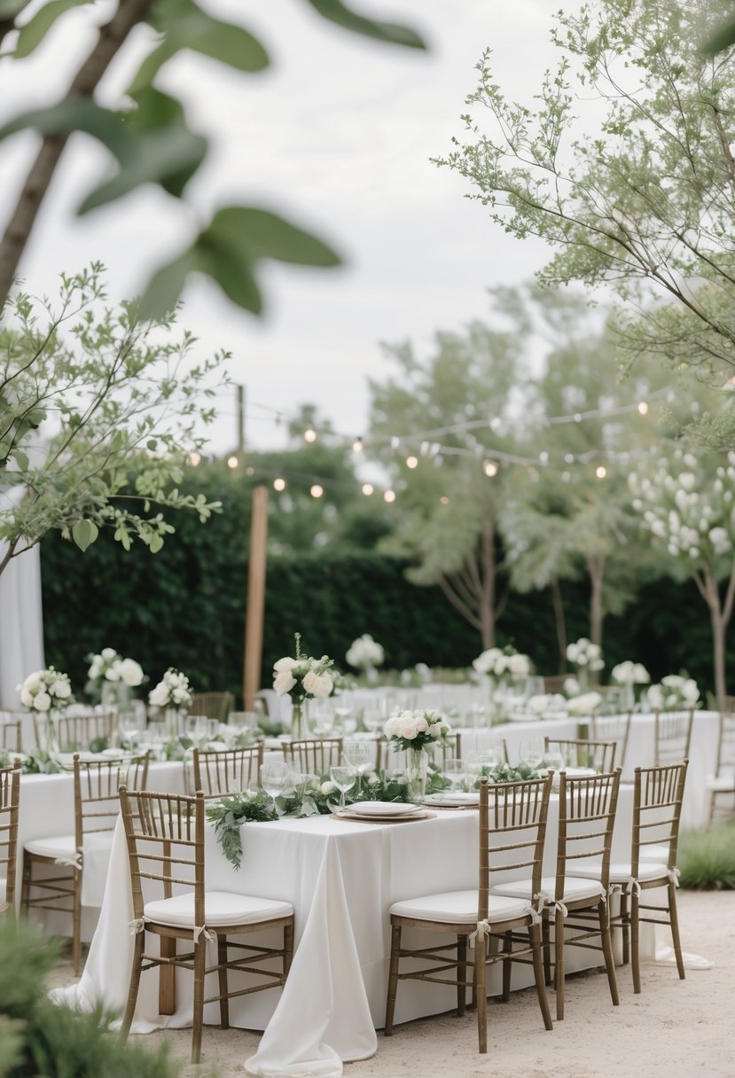 A small wedding setup with white linens, green foliage centerpieces, and neutral-toned tables and chairs arranged for fifty guests.