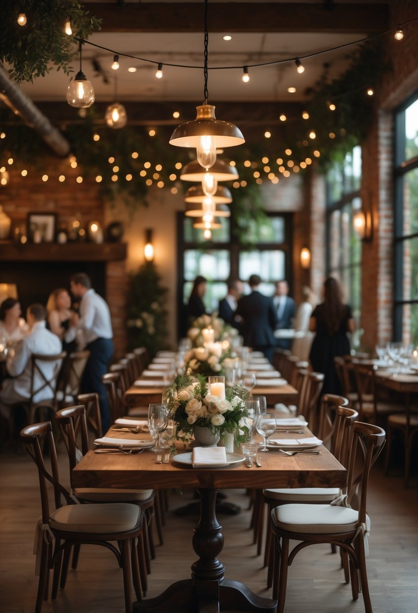 Cozy boutique restaurant set up for a small wedding reception with decorated tables, floral centerpieces, and soft lighting.