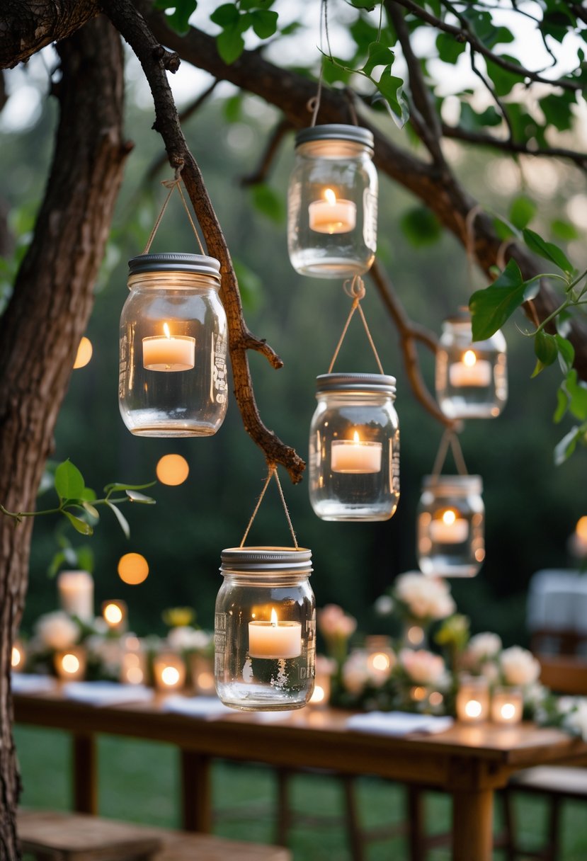 Mason jars with tea lights hanging from tree branches at an outdoor wedding setup.