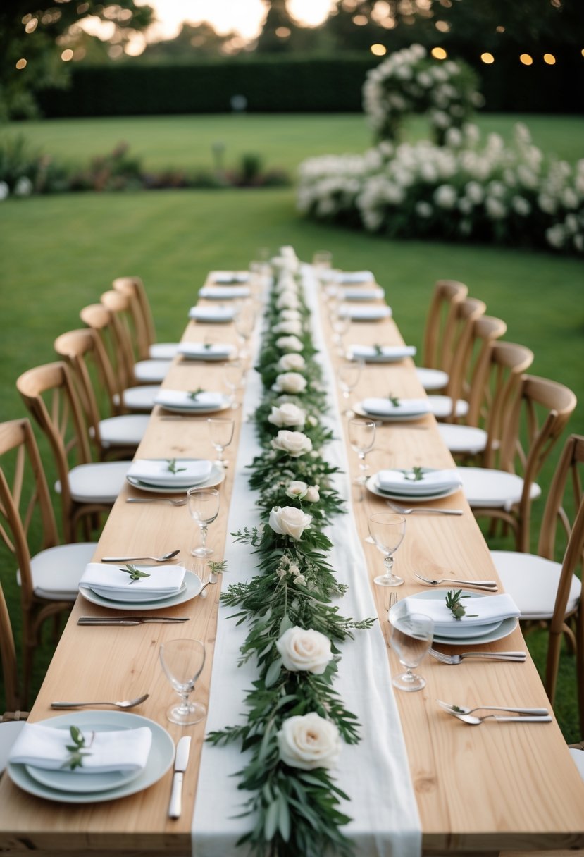 A long wooden table set outdoors with chairs on both sides, decorated with white flowers and greenery for a wedding.
