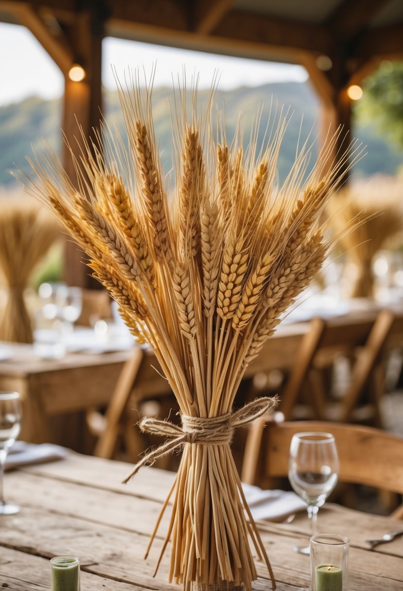 A rustic wedding setup with tables decorated using wheat and barley sheaves tied with twine in an intimate outdoor or barn setting.