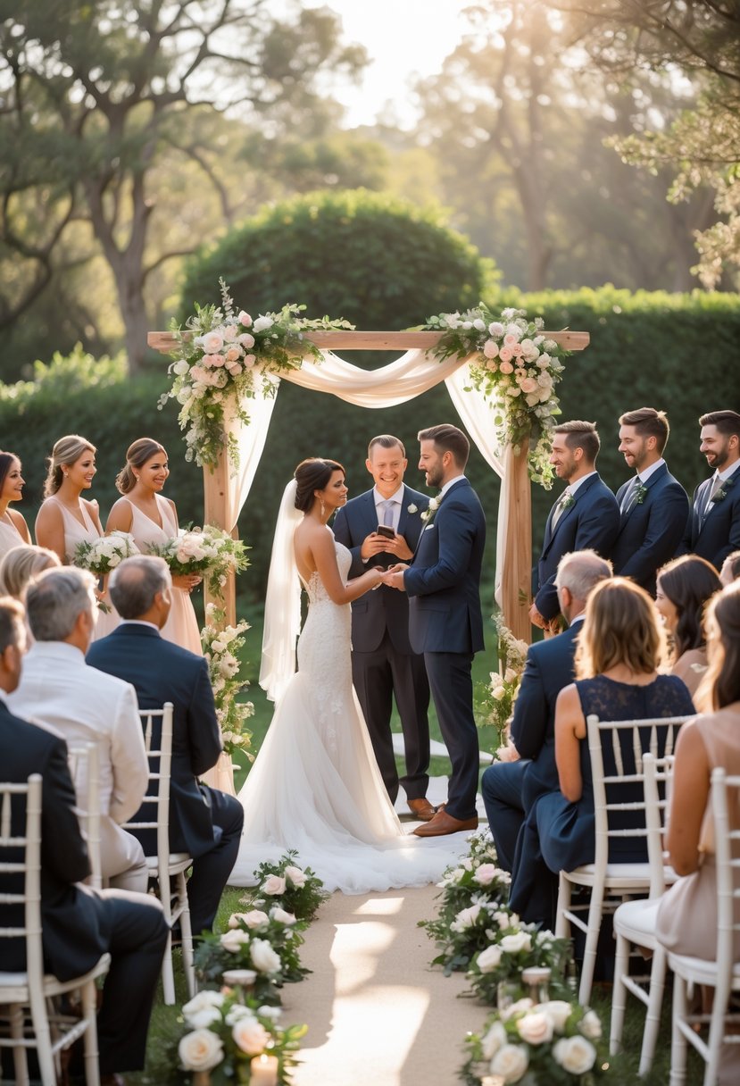 A small outdoor wedding ceremony with about 50 guests watching a couple exchange vows under a flower-decorated arch.