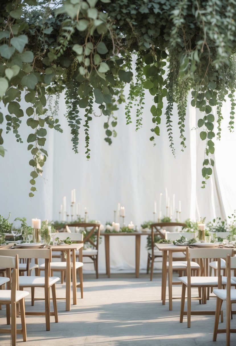 An outdoor wedding setup with hanging eucalyptus and ivy greenery above neatly arranged tables and chairs for a small gathering.