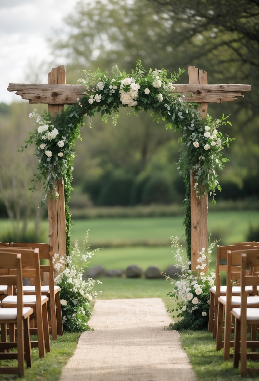 A rustic wooden arch decorated with greenery and white flowers set outdoors with wooden chairs arranged for a small wedding.