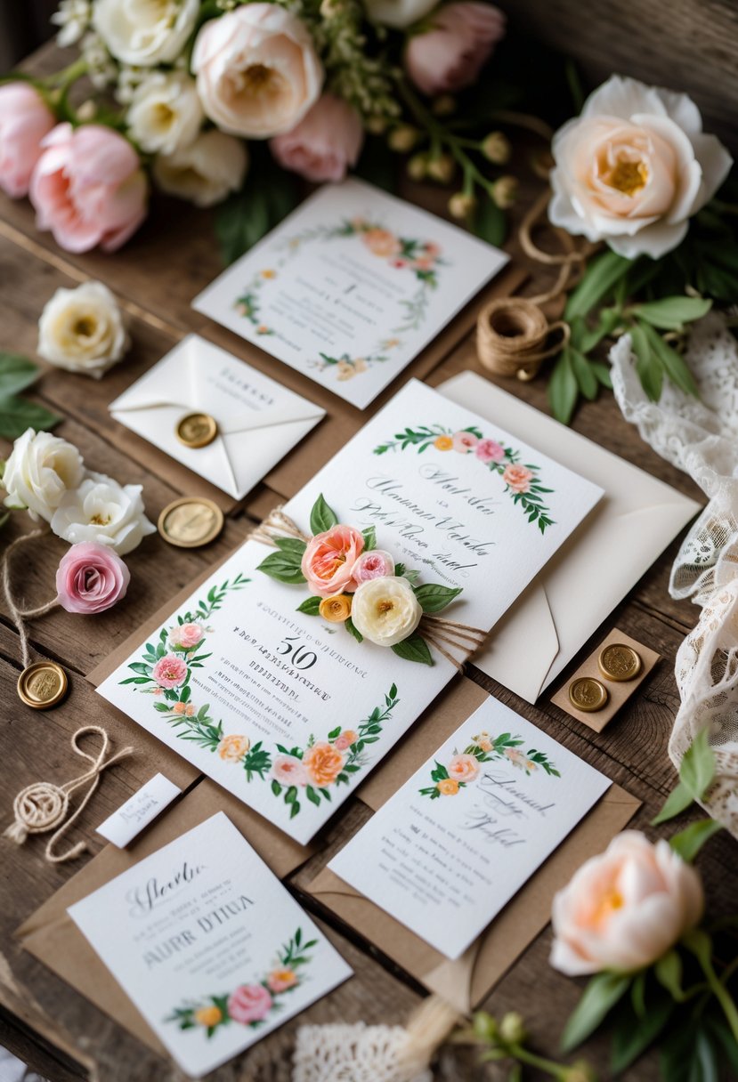 A set of handcrafted wedding invitations with floral decorations arranged on a wooden table surrounded by flowers and decorative elements.