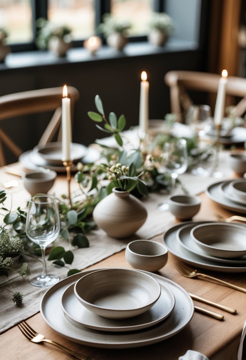 A wedding table set with handmade ceramic plates and bowls, decorated with greenery and flowers in a small, intimate venue.