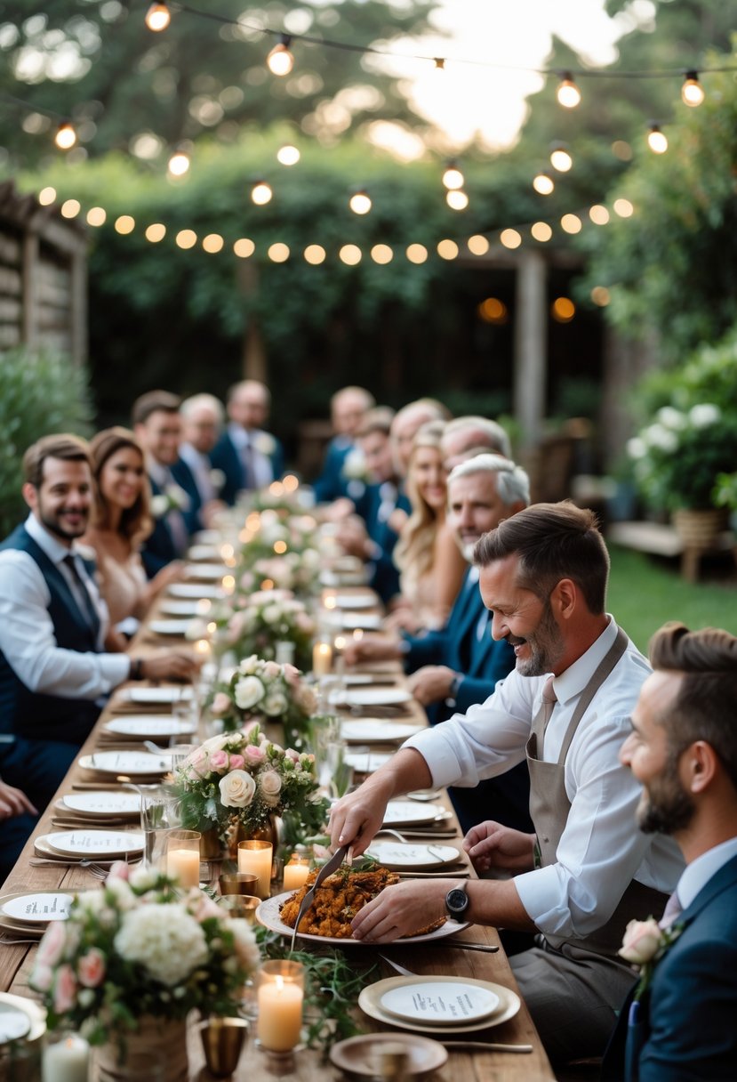 Guests enjoying a small outdoor wedding reception with a chef placing a homemade dish on a decorated banquet table surrounded by smiling people.