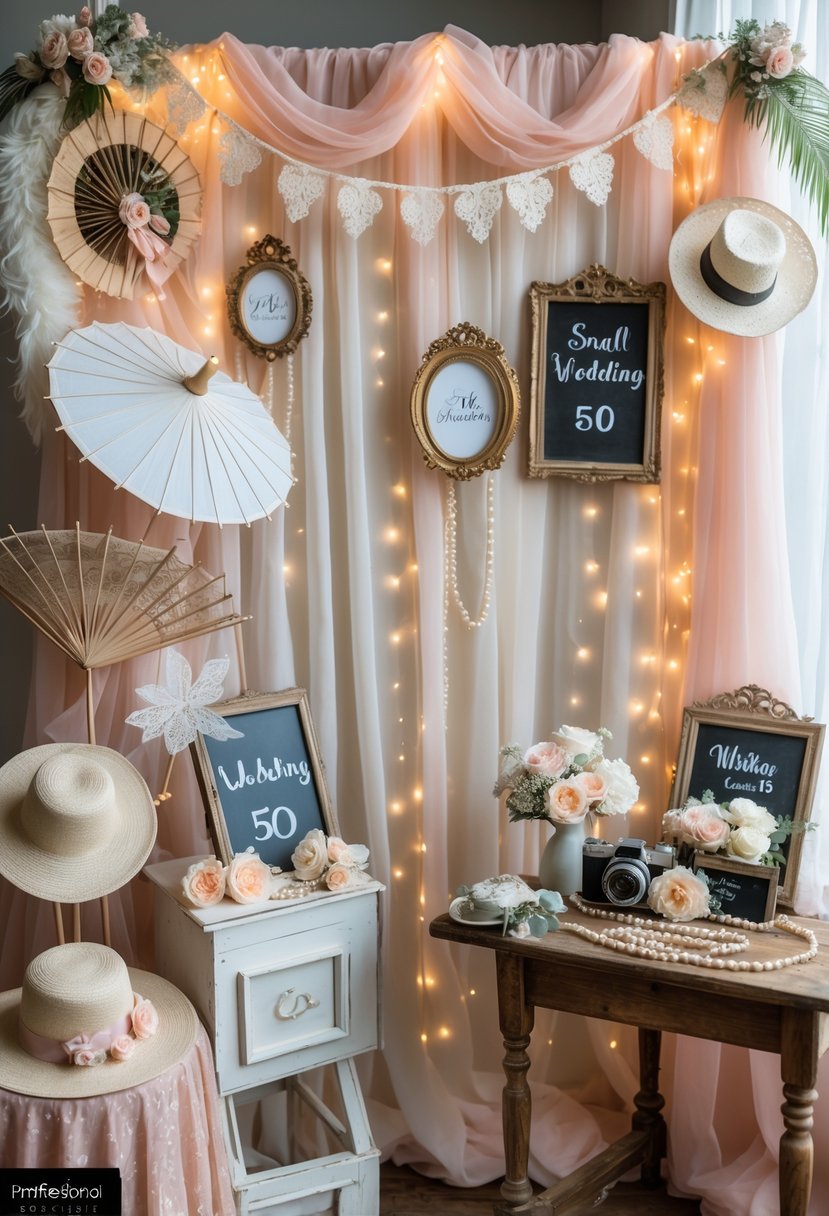 A photo booth setup with vintage wedding props including hats, lace parasols, and picture frames, arranged in a cozy and decorated space for a small wedding.