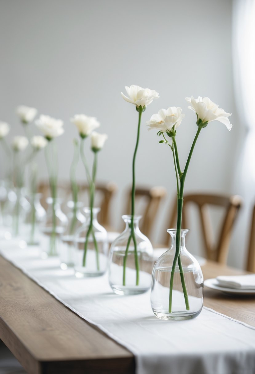 A wedding table with clear glass vases each holding a single flower stem arranged along a wooden table.