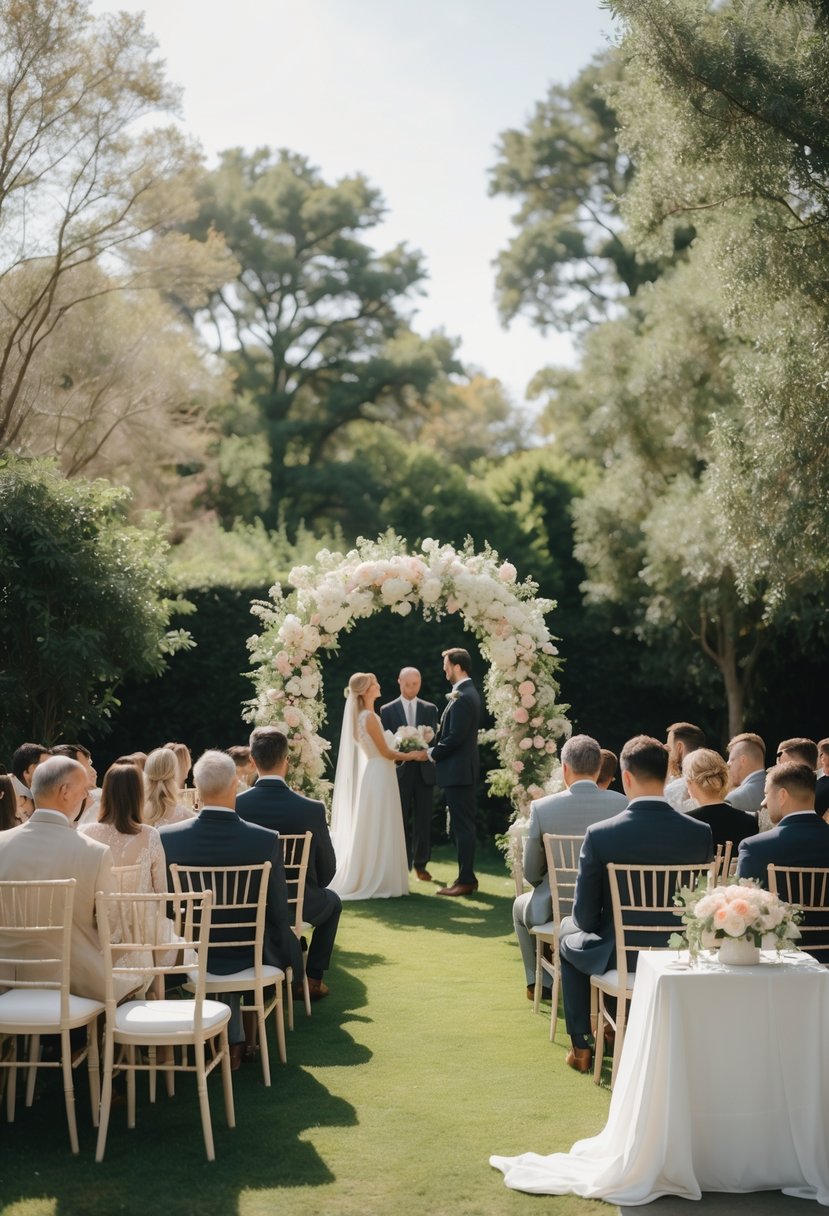 An outdoor wedding ceremony with about 40 guests seated on wooden chairs facing a floral arch where the bride and groom stand.