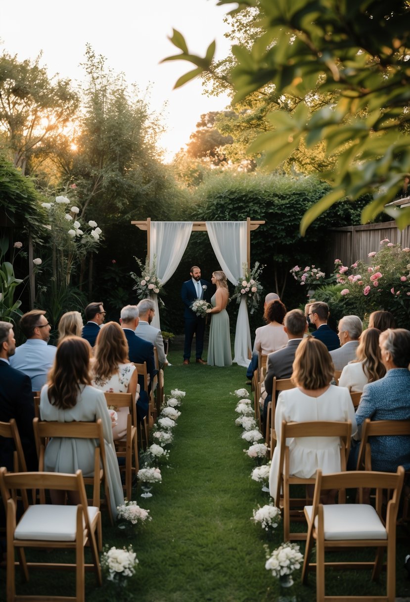 A small wedding ceremony taking place in a backyard garden with guests seated and a couple standing under a simple arch surrounded by plants.