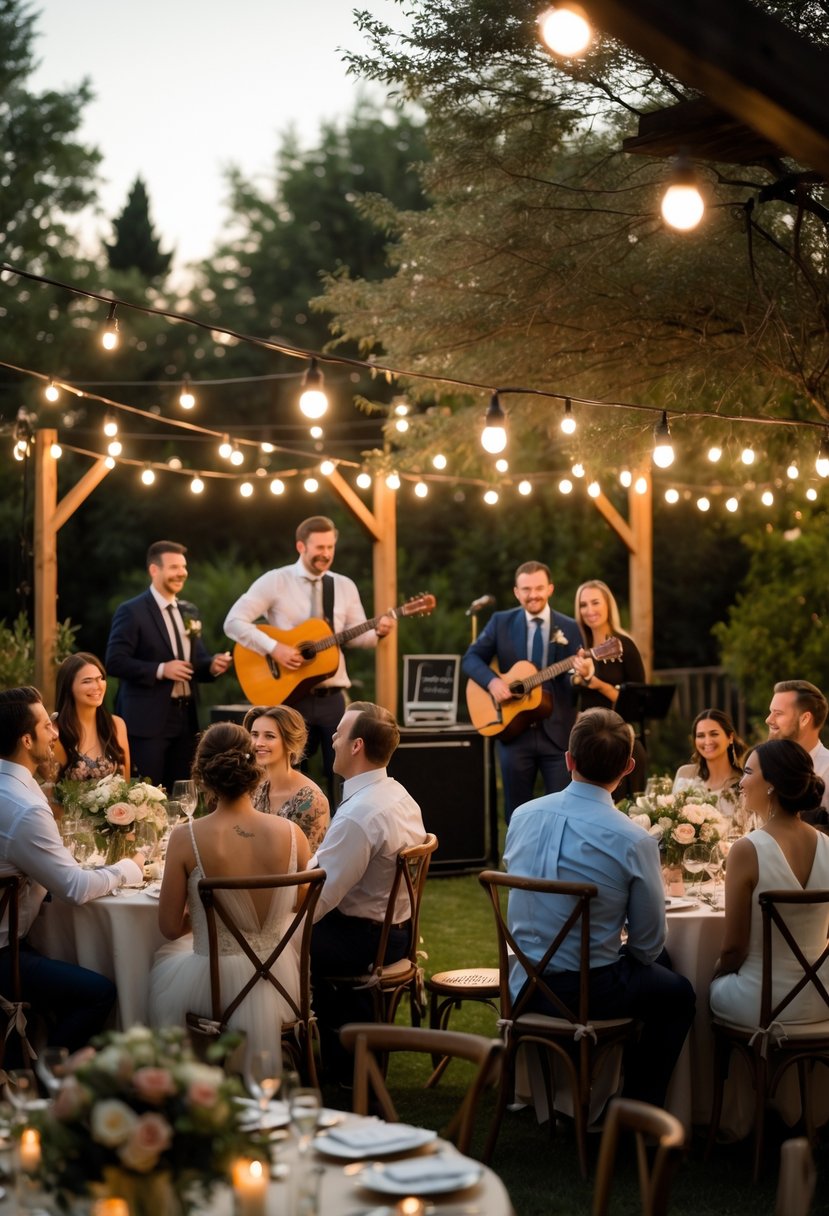 A small outdoor wedding with around 50 guests seated at decorated tables while a local acoustic band performs live music on a wooden stage.
