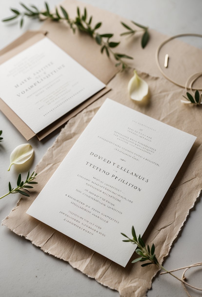 A set of minimalist wedding invitations on recycled paper surrounded by small greenery and petals on a neutral surface.