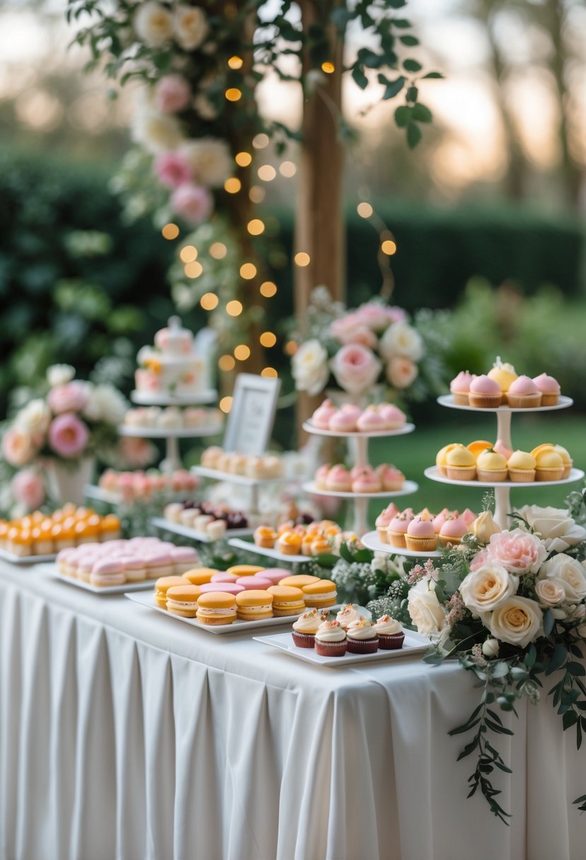 A dessert table with assorted mini pastries and floral decorations set up outdoors for a small wedding.