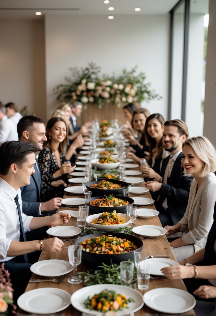 Guests sharing family-style meals around a long table at a small wedding reception with simple decorations and natural lighting.