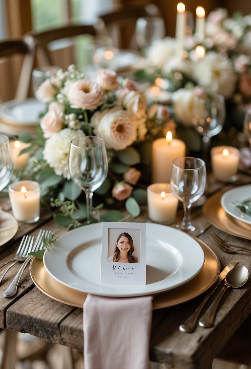 A wedding table set for a small gathering with personalized place cards showing guest photos and floral decorations.