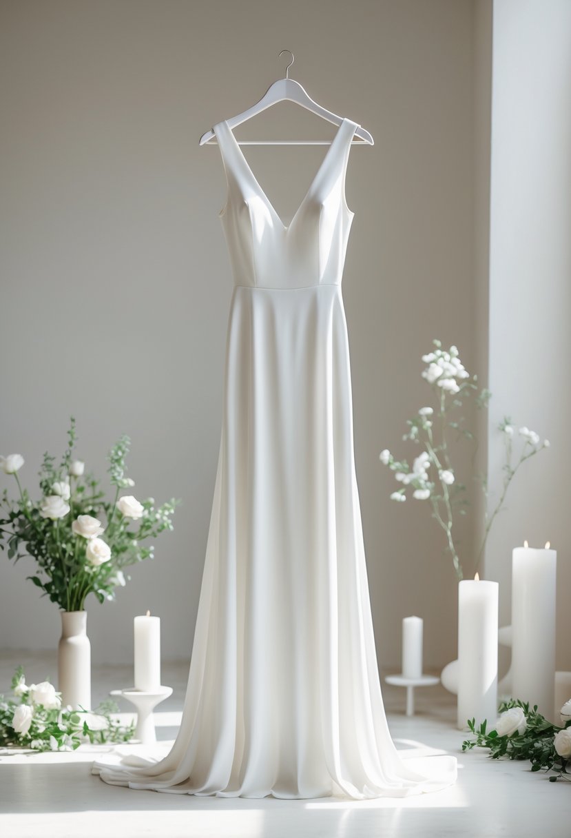 A simple white wedding dress with clean lines displayed in a softly lit room with minimal wedding decorations nearby.