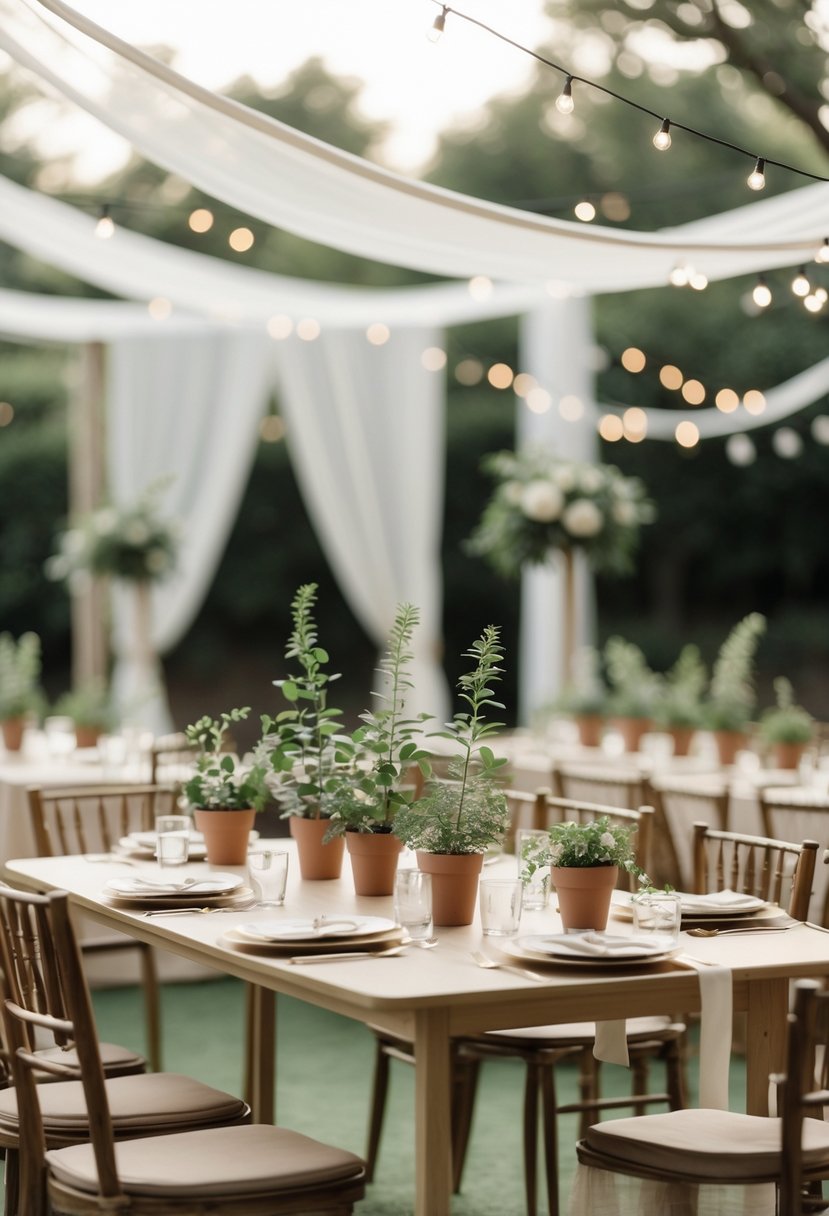 A wedding reception area with tables and chairs decorated with small potted plants as centerpieces.