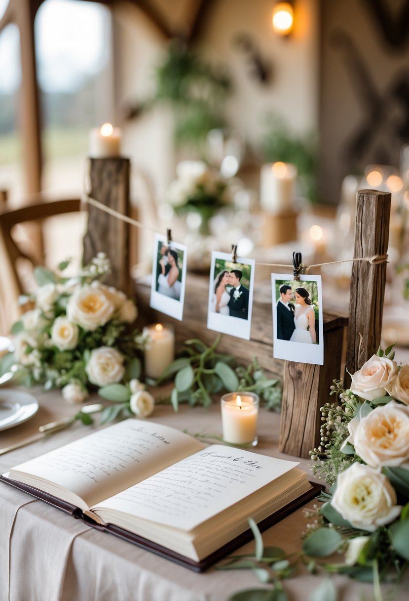 A wedding guest book table with handwritten messages and Polaroid pictures, decorated with flowers and candles.