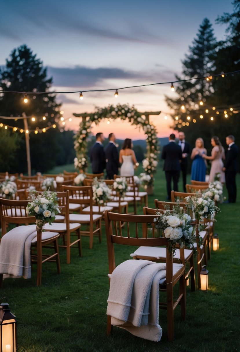 Outdoor evening wedding setup with wooden chairs and cozy blankets on a green lawn, decorated with flowers and soft lighting.