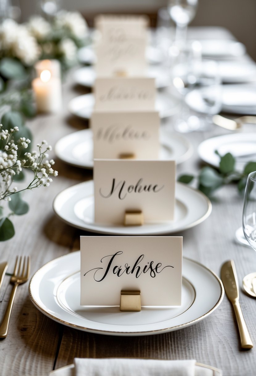 A wedding table set with handwritten place cards on plates surrounded by small floral and greenery accents.