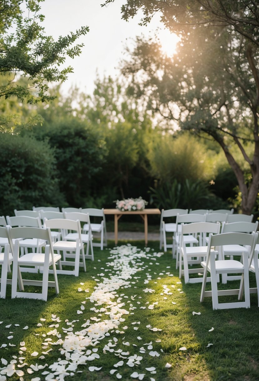 Outdoor wedding setup with white chairs, wooden tables, and biodegradable confetti and flower petals scattered on the ground.