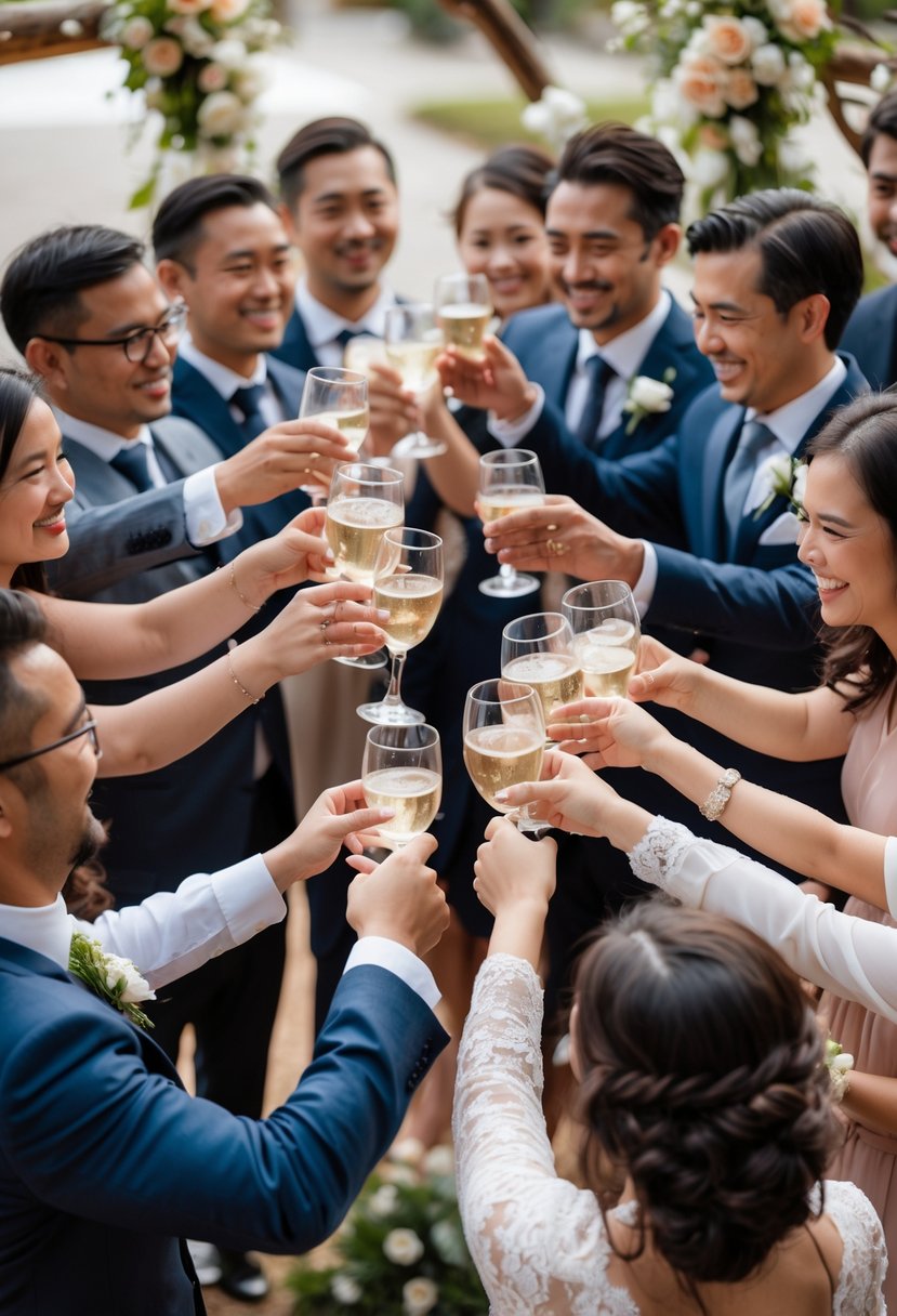 A group of wedding guests standing closely in a circle around a couple, raising glasses in a toast outdoors.