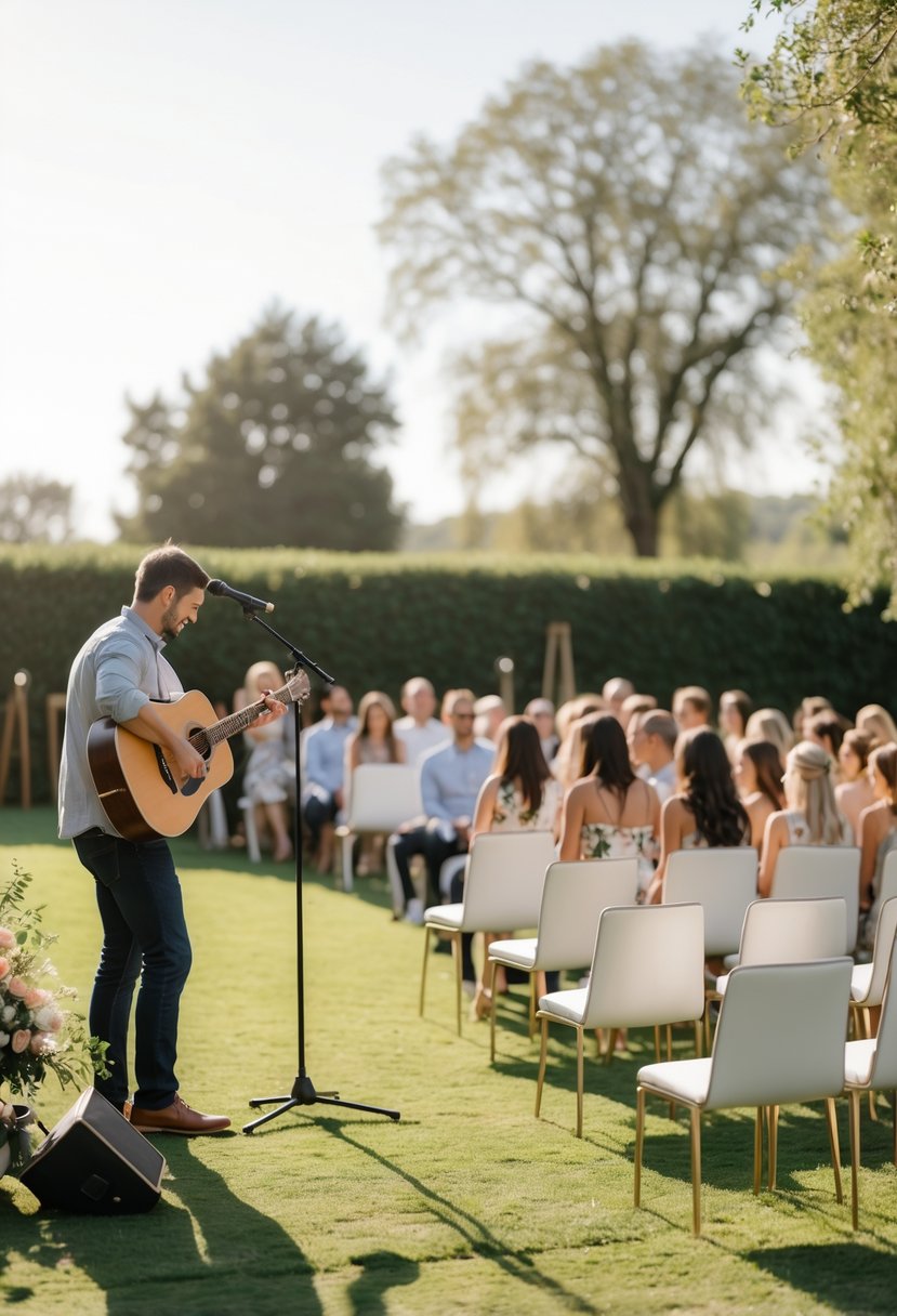 An outdoor small wedding with about 50 guests seated and a live acoustic musician playing guitar near the front.