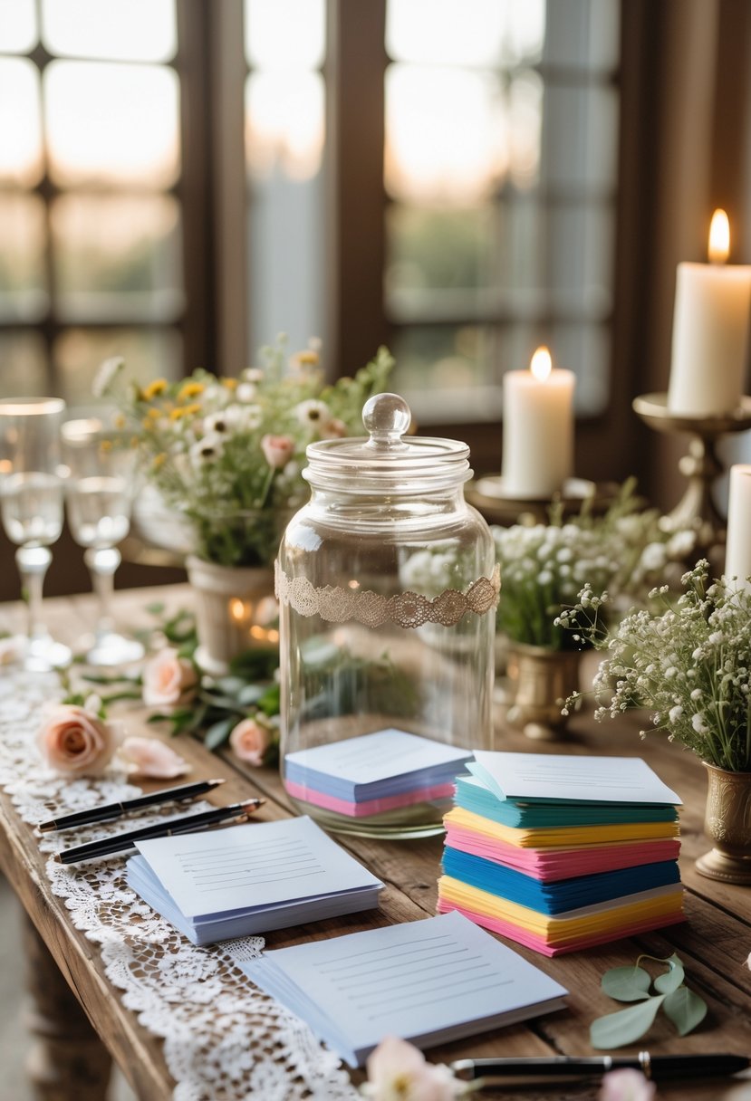 A glass jar on a wooden table with colorful note cards and pens for guests to leave messages, surrounded by flowers and candles at a small wedding.