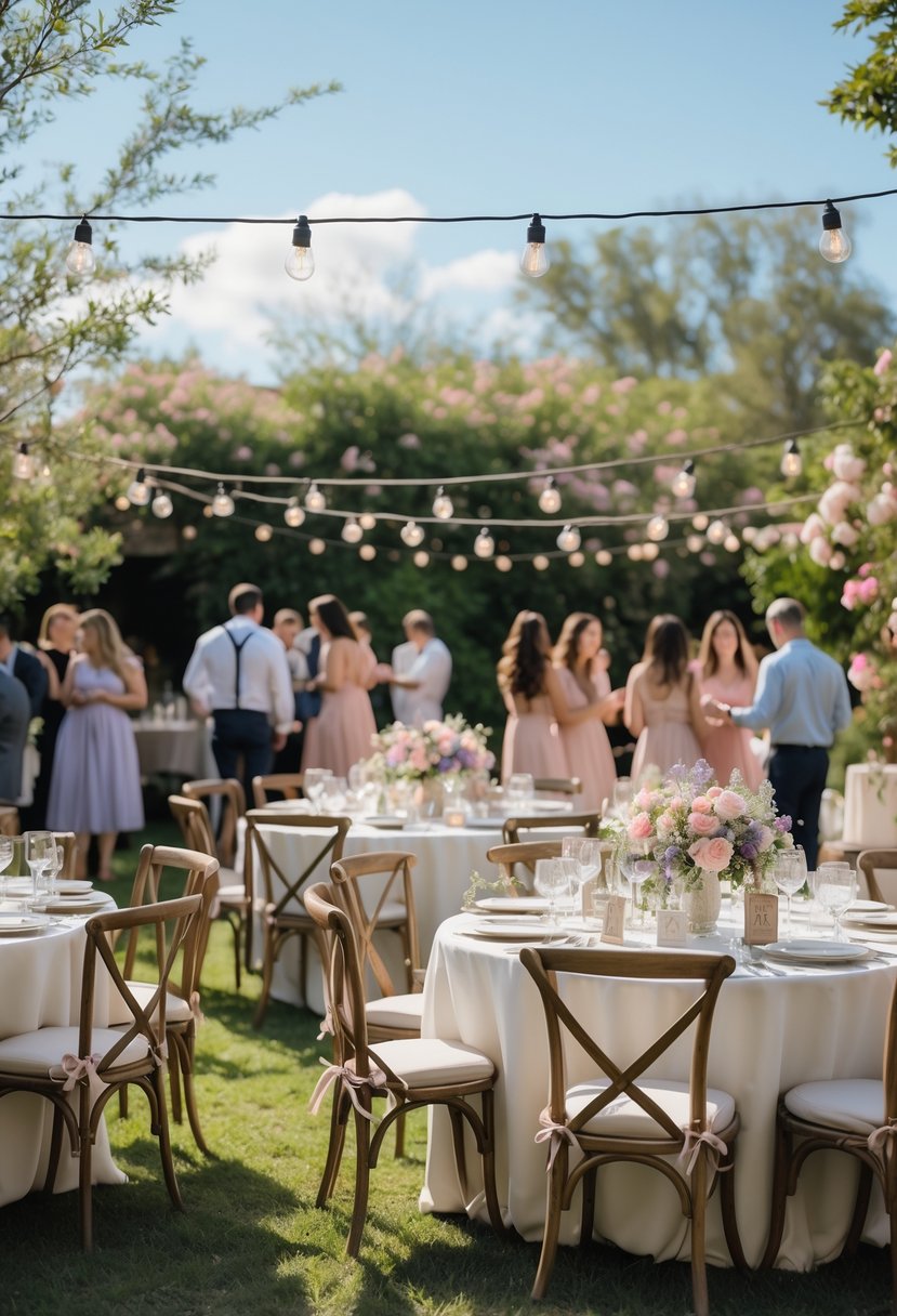 An outdoor small wedding setup with round tables, floral centerpieces, string lights, and guests mingling in a garden setting.