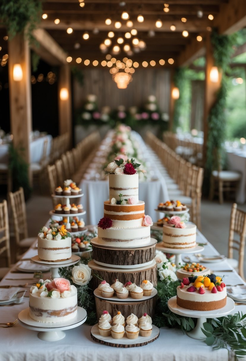 A wedding reception table with a variety of decorated cakes and desserts arranged for a small gathering of guests.