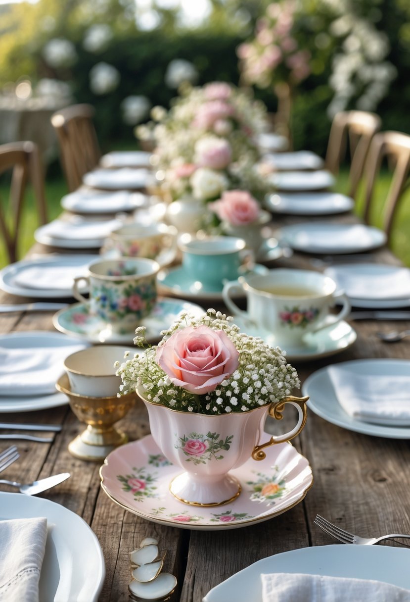 A rustic wooden table set for a small wedding with mismatched vintage teacups filled with flowers as centerpieces, surrounded by elegant place settings and an outdoor garden background.