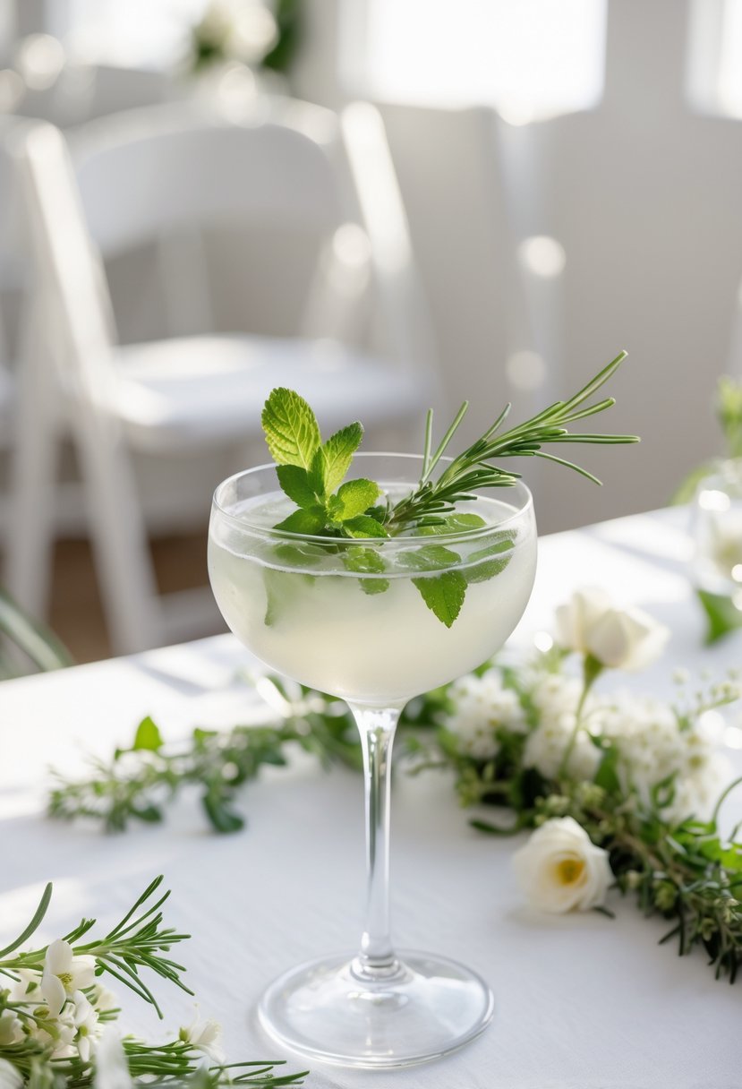 A clear cocktail glass garnished with fresh herbs on a white tablecloth at a small wedding reception with simple floral decorations.