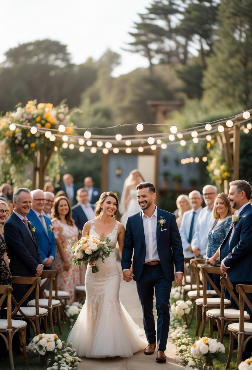 A couple walking hand in hand down an outdoor wedding aisle with about 50 guests seated and smiling around them.