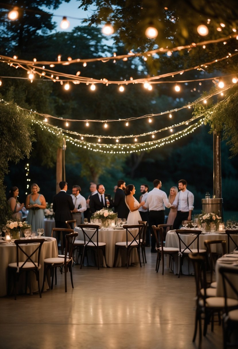 An outdoor wedding dance floor with warm fairy lights overhead and tables set for guests surrounded by greenery.