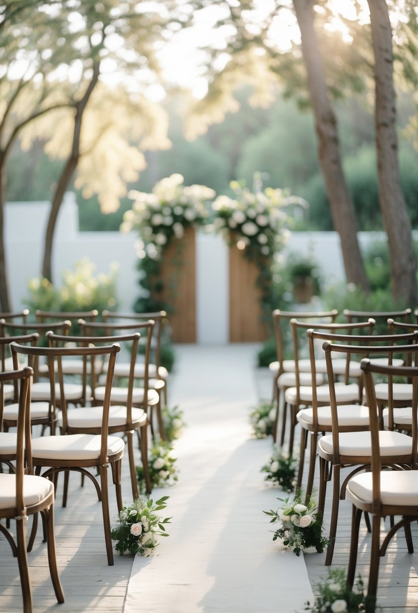 An outdoor wedding setup with rows of wooden and metal chairs arranged for guests around a simple aisle decorated with flowers and greenery.