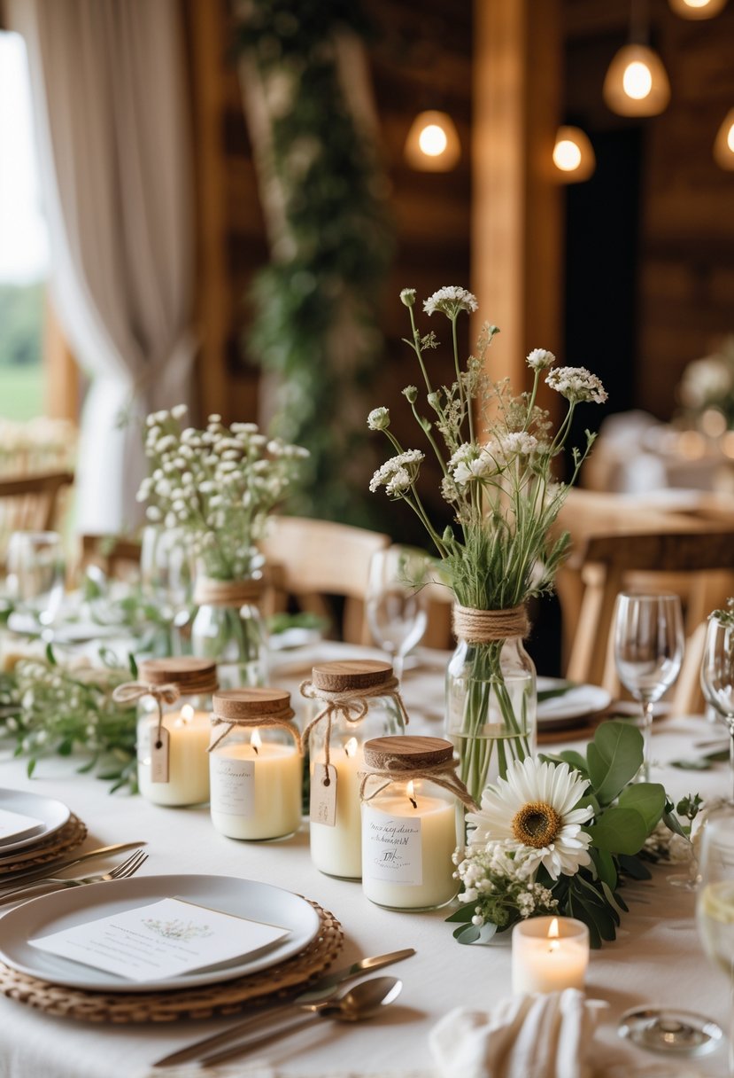 A wedding table set with handmade scented candle favors, floral centerpieces, and place settings in a cozy, intimate venue.