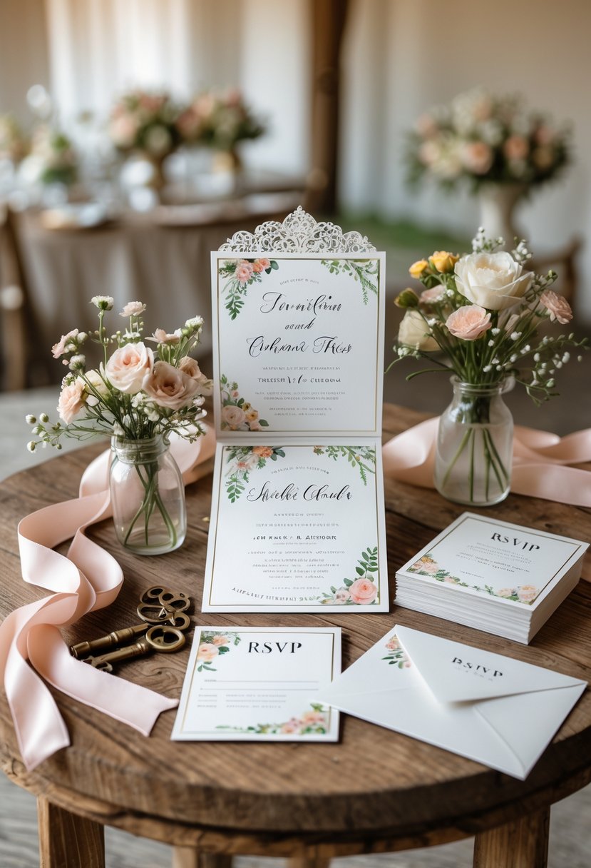 A close-up of personalized storybook wedding invitations on a wooden table with small flowers and ribbons, suggesting an intimate wedding setup for about 50 guests.