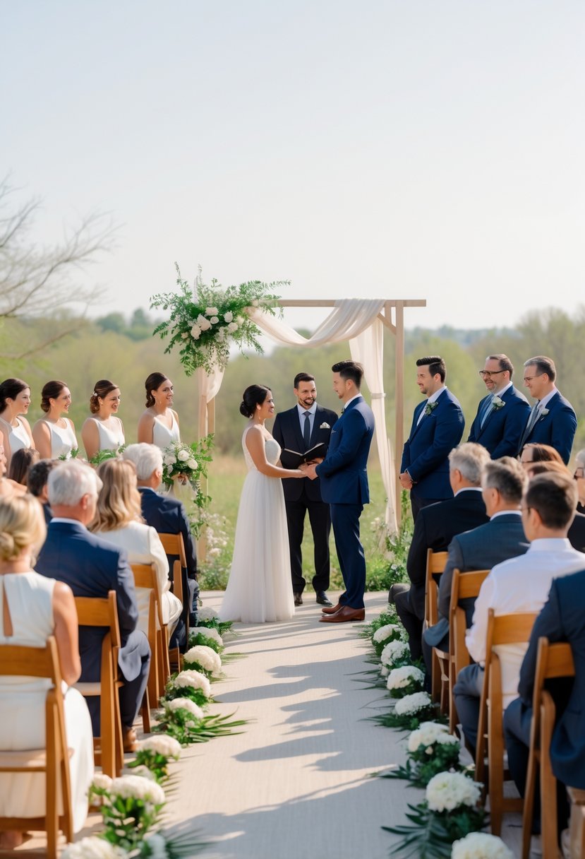 An outdoor wedding ceremony with about 50 guests seated facing a bride and groom standing under a simple arch decorated with white flowers and greenery.