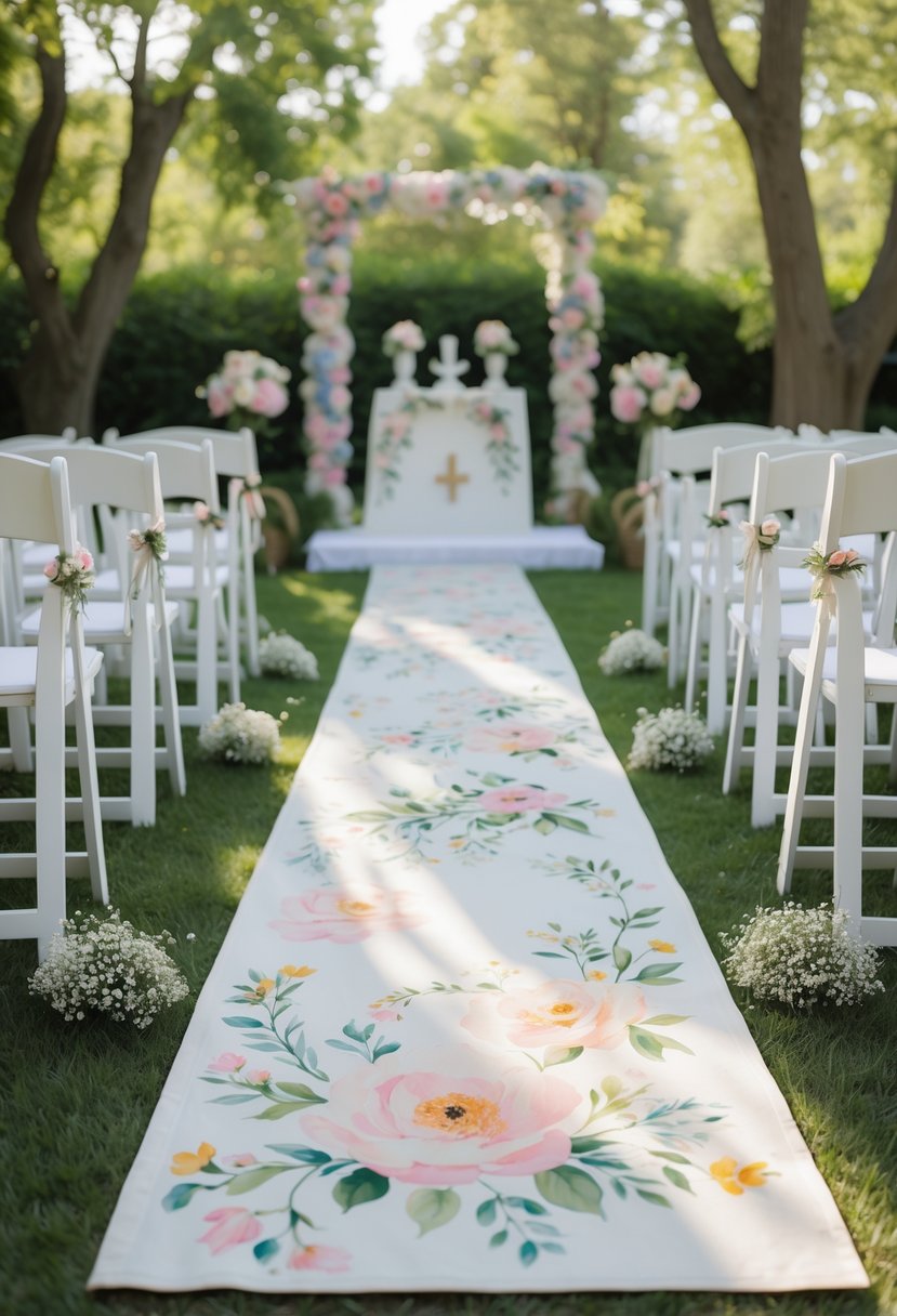 A floral aisle runner laid out between rows of white chairs in an outdoor wedding setting with greenery and a small altar in the background.
