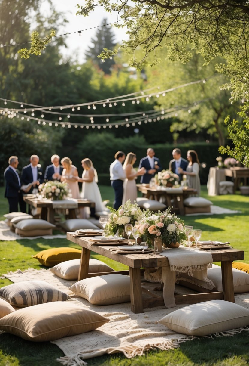An outdoor garden wedding with blankets and low tables set up for guests surrounded by trees and flowers.
