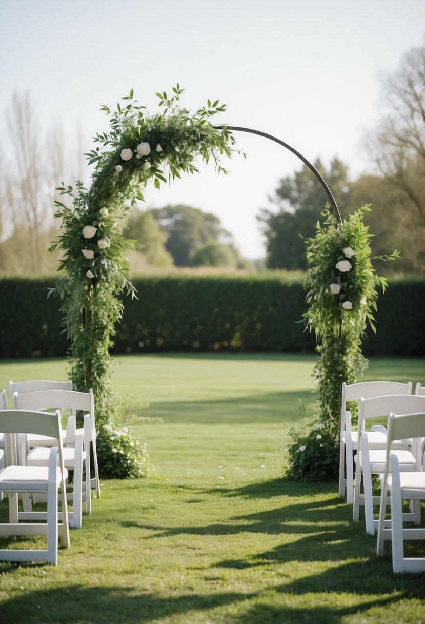 Outdoor wedding setup with a simple arch decorated with greenery and white chairs arranged for guests on a lawn.