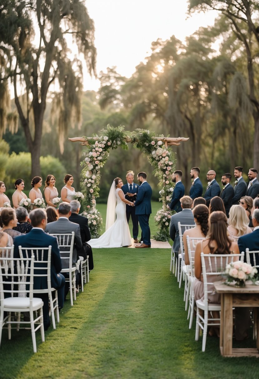 An outdoor wedding ceremony in a park with about 50 guests seated on white chairs, surrounded by trees and floral decorations.