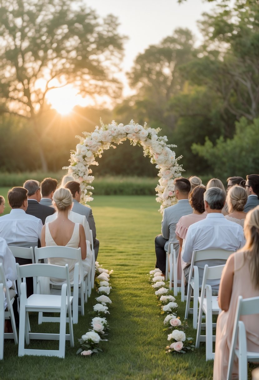 Outdoor small wedding ceremony with about 50 guests seated on white chairs under a floral arch in a green garden.