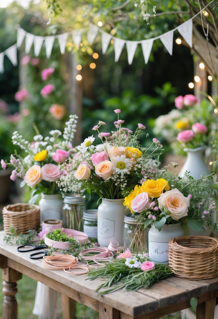 A rustic wooden table outdoors with fresh flowers, greenery, and floral supplies set up for guests to make flower crowns at a small wedding.