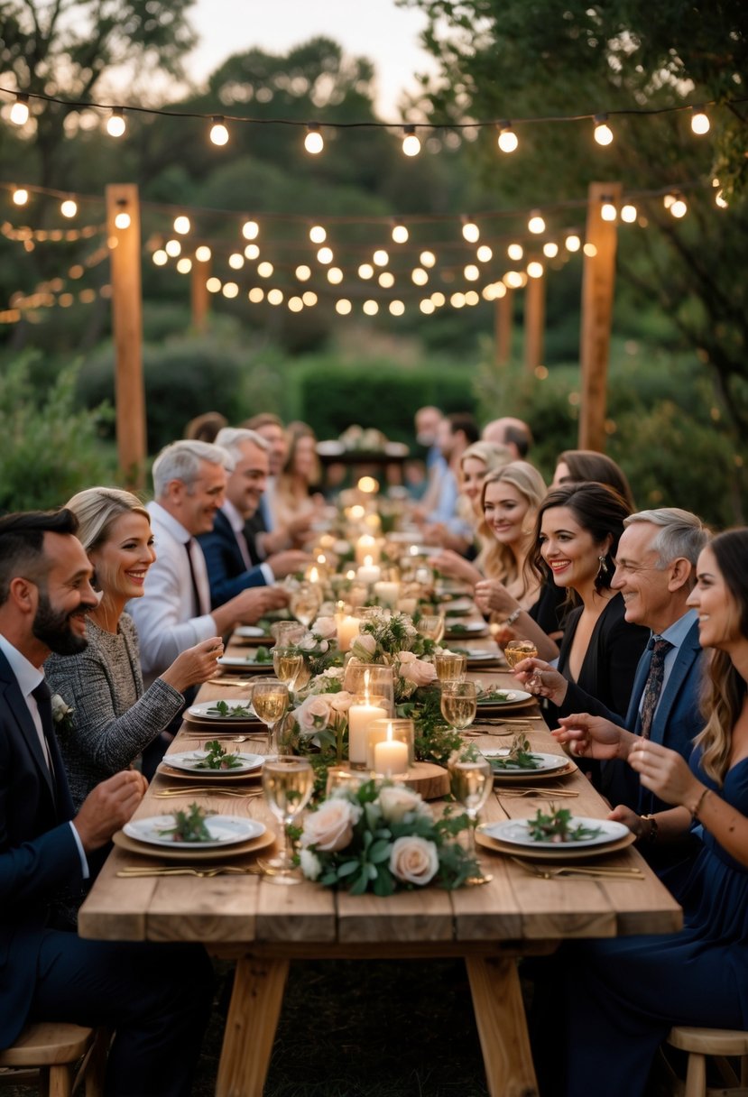 Guests mingling around a long table set for a family-style dinner at a small outdoor wedding surrounded by greenery and string lights.